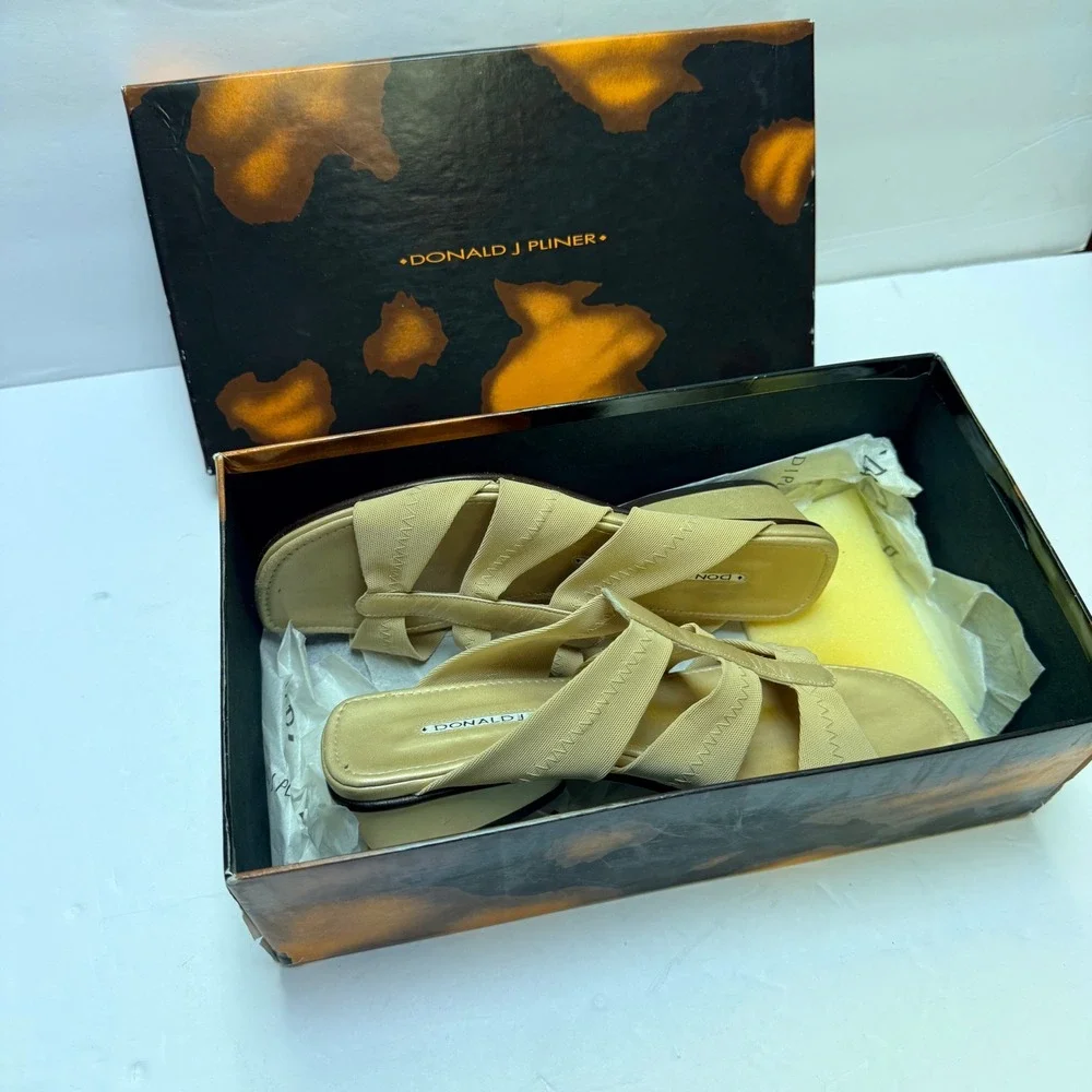 Donald J Pliner Darja Sand Mesh‎ Elastic Nappa Leather Wedge Sandals Tan 6.5M